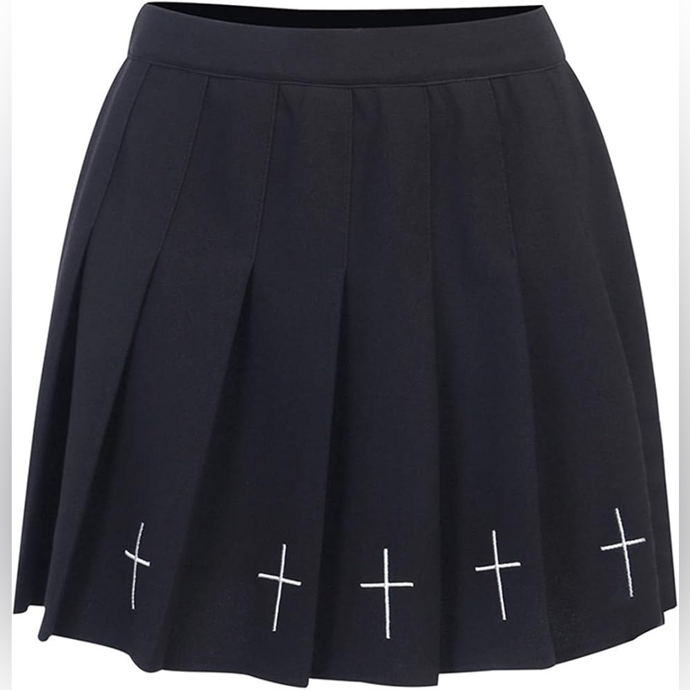 Goth Pleated Skirt with Cross Embroidery